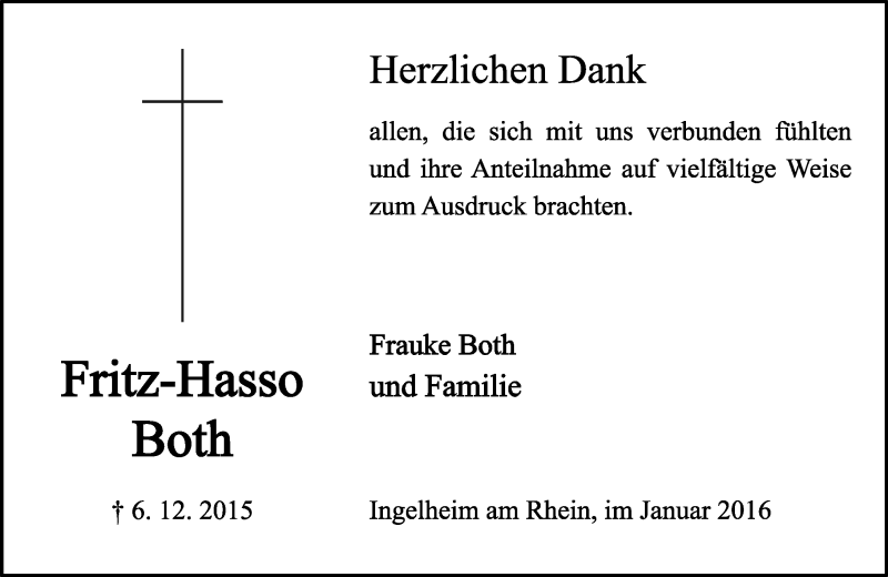  Traueranzeige für Fritz-Hasso Both vom 09.01.2016 aus  Allgemeine  Zeitung Ingelheim-Bingen