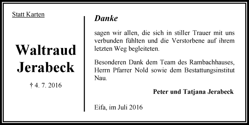  Traueranzeige für Waltraud Jerabeck vom 30.07.2016 aus  OK Oberhessen Kurier