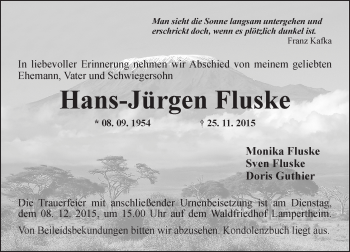 Traueranzeige von Hans-Jürgen Fluske von  Bürstädter Zeitung
