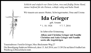 Traueranzeige von Ida Grieger von Trauerportal Rhein Main Presse