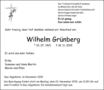 Traueranzeige von Wilhelm Grünberg von  Allgemeine  Zeitung Ingelheim-Bingen