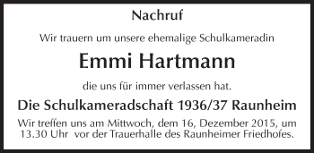 Traueranzeige von Emmi Hartmann von  Mainspitze