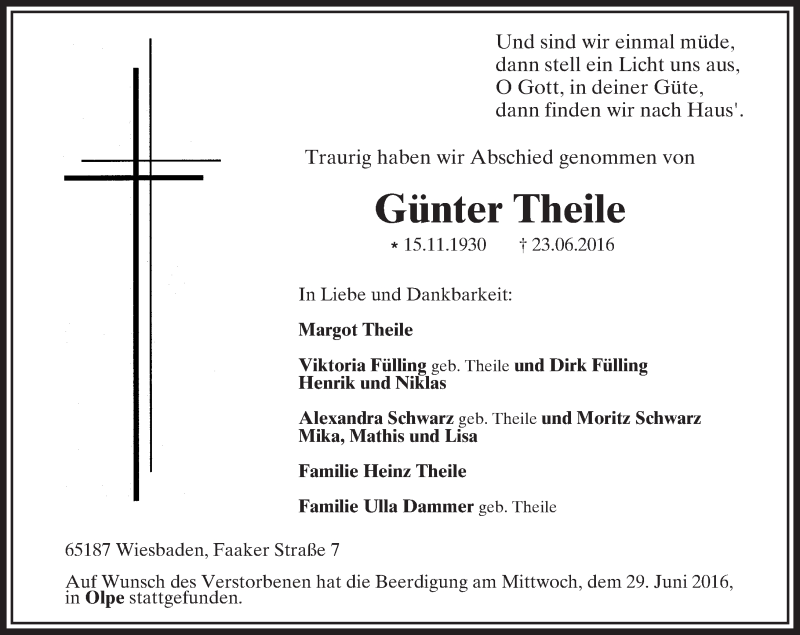  Traueranzeige für Günter Theile vom 02.07.2016 aus Trauerportal Rhein Main Presse