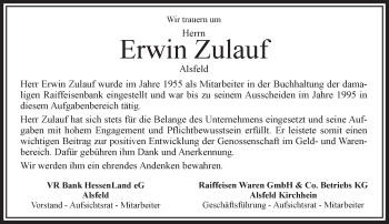Traueranzeige von Erwin Zulauf von VRM Trauer