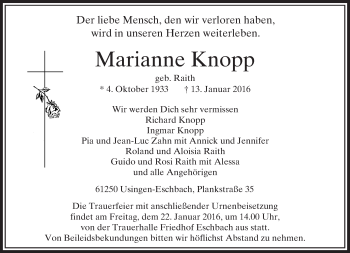 Traueranzeige von Marianne Knopp von  Usinger Anzeiger