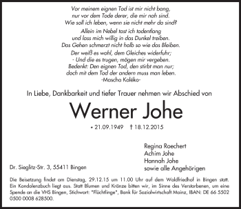 Traueranzeige von Werner Johe von  Allgemeine  Zeitung Ingelheim-Bingen