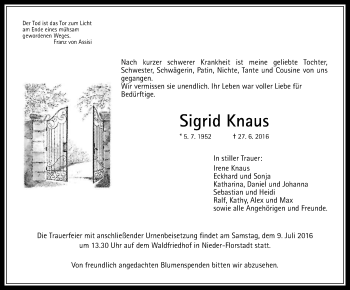Traueranzeige von Sigrid Knaus von  Kreisanzeiger
