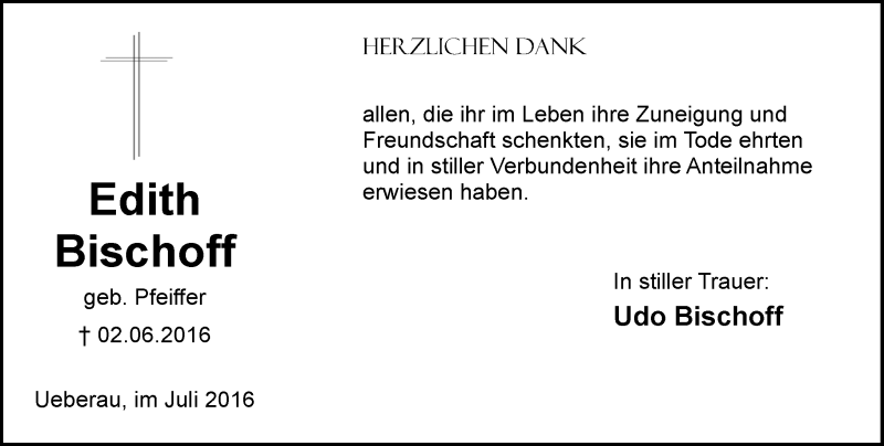  Traueranzeige für Edith Bischoff vom 02.07.2016 aus Trauerportal Echo Online