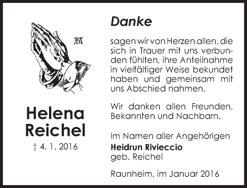  Traueranzeige für Helena Reichel vom 16.01.2016 aus  Mainspitze
