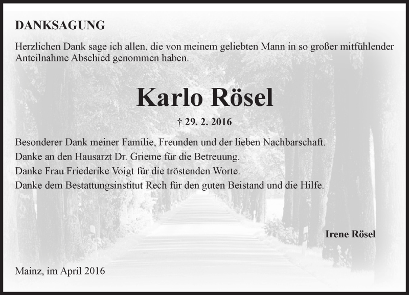  Traueranzeige für Karlo Rösel vom 02.04.2016 aus  Allgemeine Zeitung Mainz