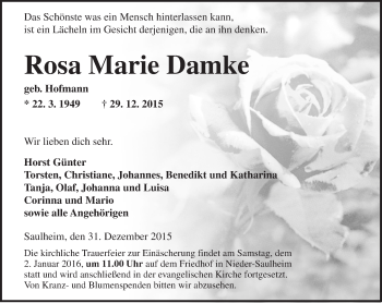 Traueranzeige von Rosa Marie Damke von  Allgemeine Zeitung Alzey