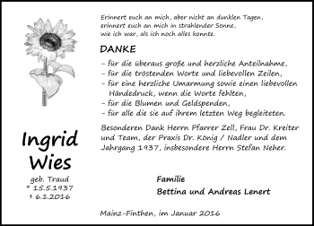 Traueranzeige von Ingrid Wies von  Allgemeine Zeitung Mainz