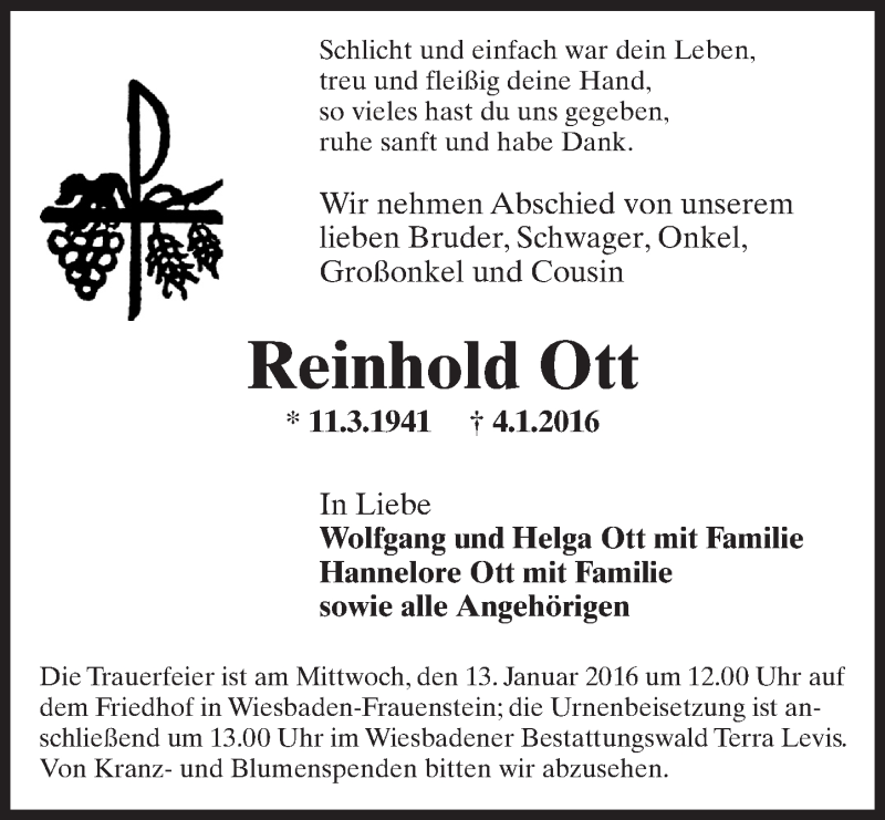  Traueranzeige für Reinhold Ott vom 09.01.2016 aus  Wiesbaden komplett
