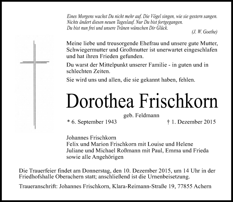  Traueranzeige für Dorothea Frischkorn vom 04.12.2015 aus  Gelnhäuser Tageblatt