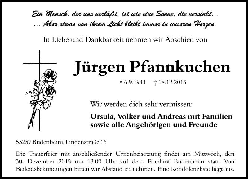 Traueranzeige für Jürgen Pfannkuchen vom 28.12.2015 aus  Allgemeine Zeitung Mainz