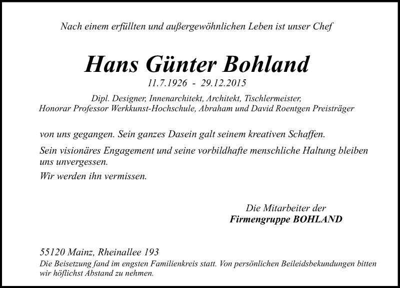  Traueranzeige für Hans Günter Bobland vom 09.01.2016 aus trauer.rmp.de