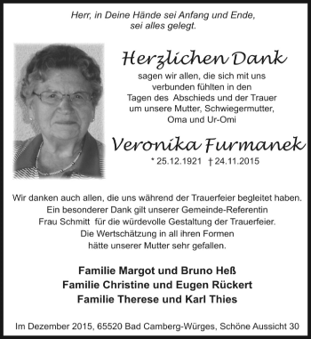Traueranzeige von Veronika Fuhrmanek von  Camberger Anzeiger