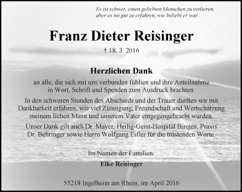 Traueranzeige von Franz Dieter Reisinger von  Allgemeine  Zeitung Ingelheim-Bingen