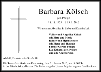 Traueranzeige von Barbara Kölsch von VRM Trauer