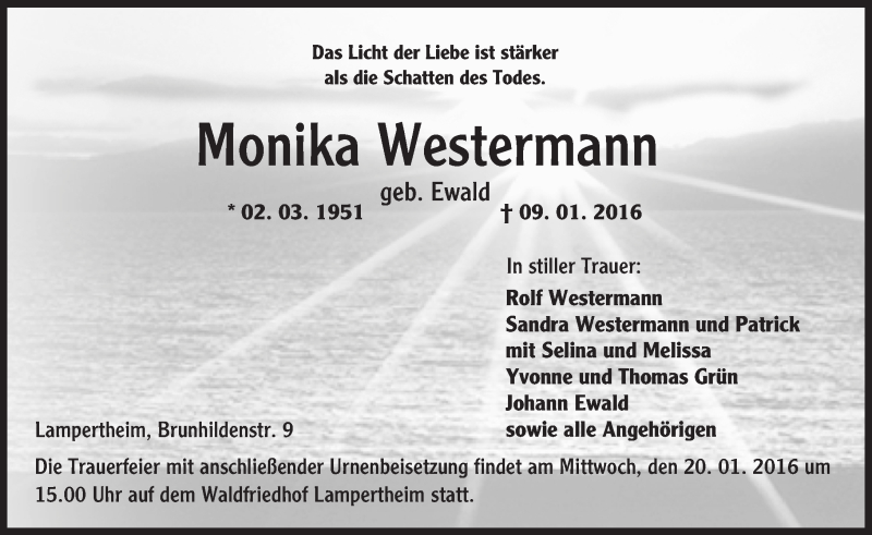  Traueranzeige für Monika Westermann vom 16.01.2016 aus  Bürstädter Zeitung