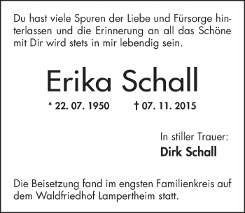 Traueranzeige von Erika Schall von  Bürstädter Zeitung