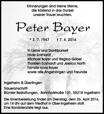 Traueranzeige von Peter Bayer von  Allgemeine  Zeitung Ingelheim-Bingen