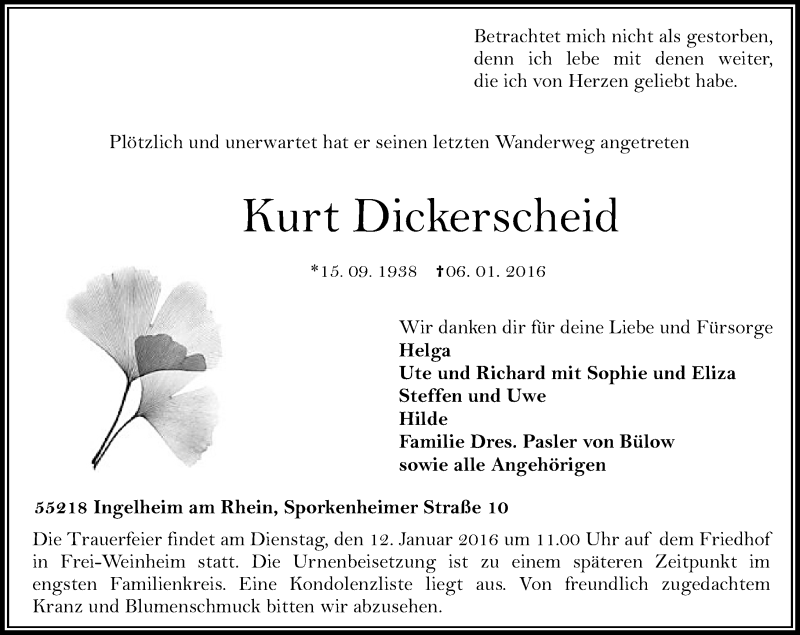 Traueranzeige für Kurt Dickerscheid vom 09.01.2016 aus  Allgemeine  Zeitung Ingelheim-Bingen