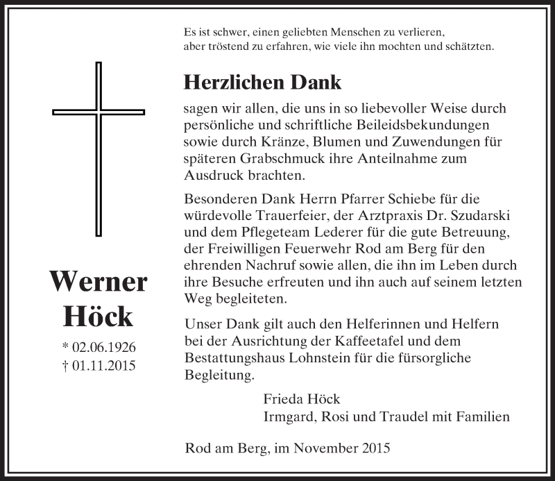 Traueranzeige für Werner Höck vom 21.11.2015 aus  Usinger Anzeiger