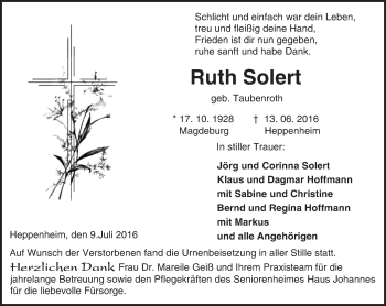 Traueranzeige von Ruth Solert von Trauerportal Echo Online