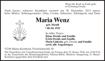 Traueranzeige von Maria Wenz von  Allgemeine Zeitung Mainz