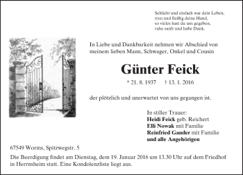 Traueranzeige von Günter Feick von  Wormser Zeitung
