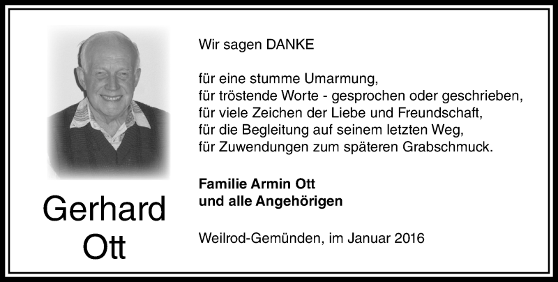  Traueranzeige für Gerhard Ott vom 30.01.2016 aus  Usinger Anzeiger