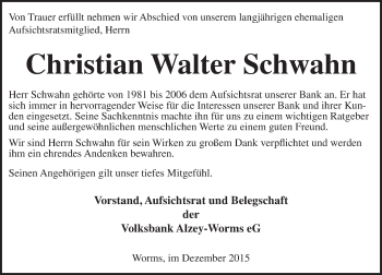 Traueranzeige von Christian Walter Schwahn von  Wormser Zeitung