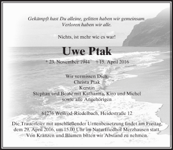 Traueranzeige von Uwe Ptak von  Usinger Anzeiger