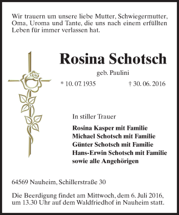 Traueranzeige von Rosina Schotsch von Trauerportal Echo Online