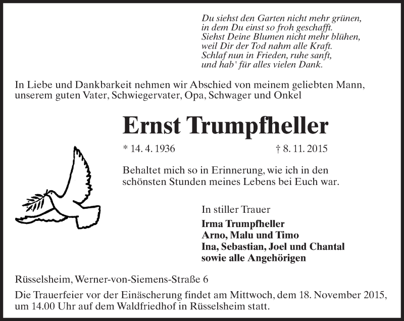  Traueranzeige für Ernst Trumpfheller vom 11.11.2015 aus  Mainspitze