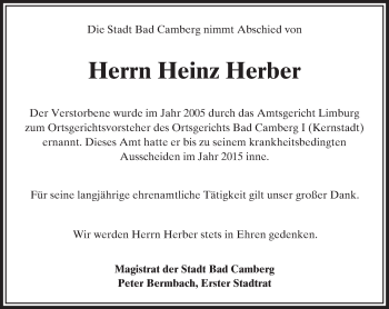 Traueranzeige von Heinz Herber von  Camberger Anzeiger