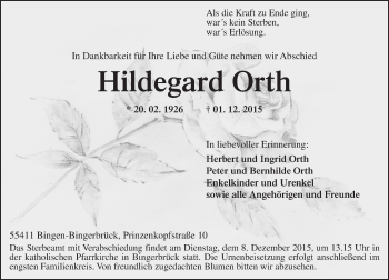 Traueranzeige von Hildegard Orth von  Allgemeine  Zeitung Ingelheim-Bingen
