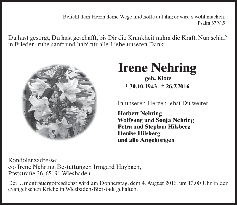  Traueranzeige für Irene Nehring vom 29.07.2016 aus Trauerportal Rhein Main Presse