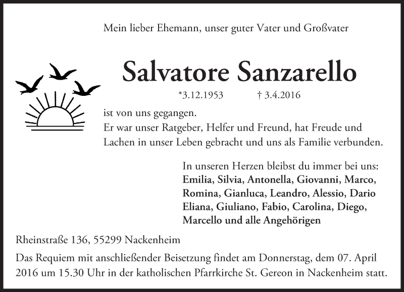  Traueranzeige für Salvatore Sanzarello vom 06.04.2016 aus  Landskrone