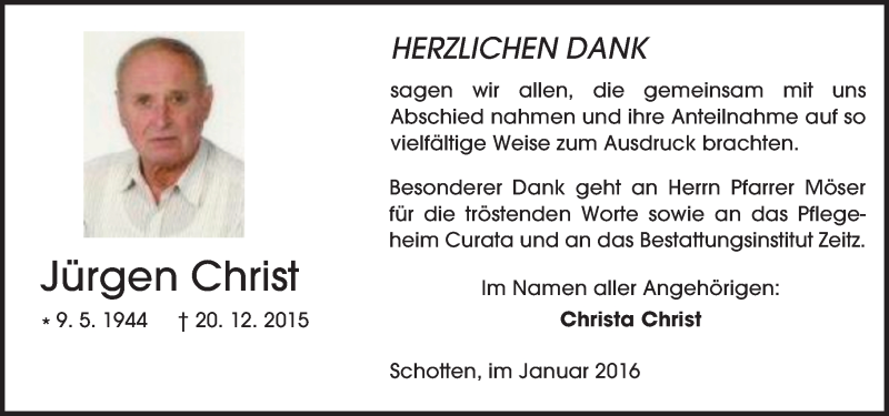  Traueranzeige für Jürgen Christ vom 23.01.2016 aus  Sonntags Anzeiger