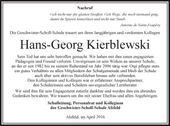 Traueranzeige von Hans-Georg Kierblewski von VRM Trauer