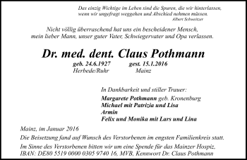 Traueranzeige von Claus Pothmann von  Allgemeine Zeitung Mainz
