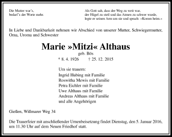 Traueranzeige von Marie Althaus von  Gießener Anzeiger