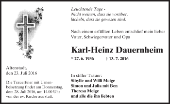 Traueranzeige von Karl-Heinz Dauernheim von  Kreisanzeiger