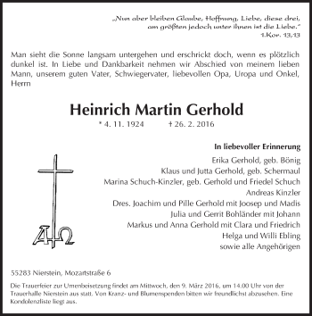 Traueranzeige von Heinrich Martin Gerhold von  Landskrone