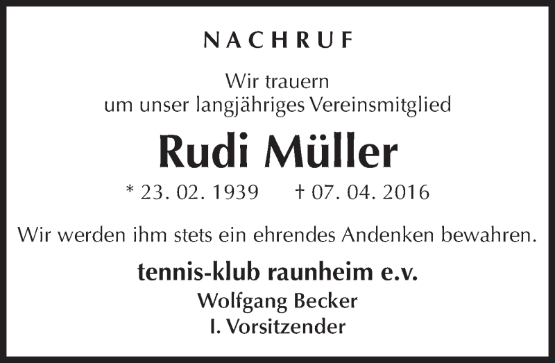  Traueranzeige für Rudolf Müller vom 13.04.2016 aus trauer.rmp.de