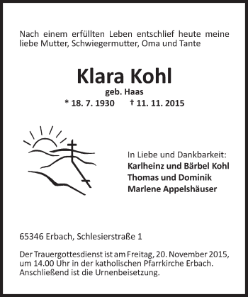 Traueranzeige von Klara Kohl von  Rheingau