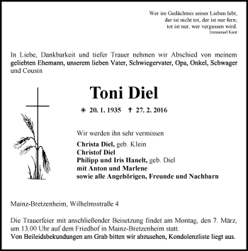 Traueranzeige von Toni Diel von  Allgemeine Zeitung Mainz