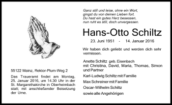 Traueranzeige von Hans-Otto Schiltz von  Allgemeine  Zeitung Ingelheim-Bingen